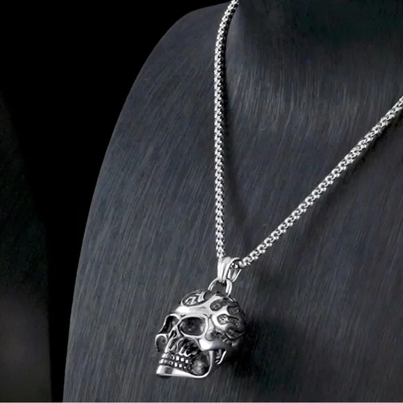 Skull Necklace 27.5 inches in Black Oxidized Stainless Steel